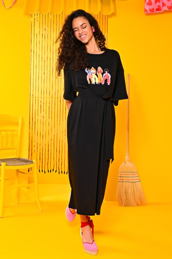 Girls Power T-shirt Dress Μαύρο Κοντομάνικο Φόρεμα με Τσέπες & Ζώνη Petit Boutik x Missy Merida